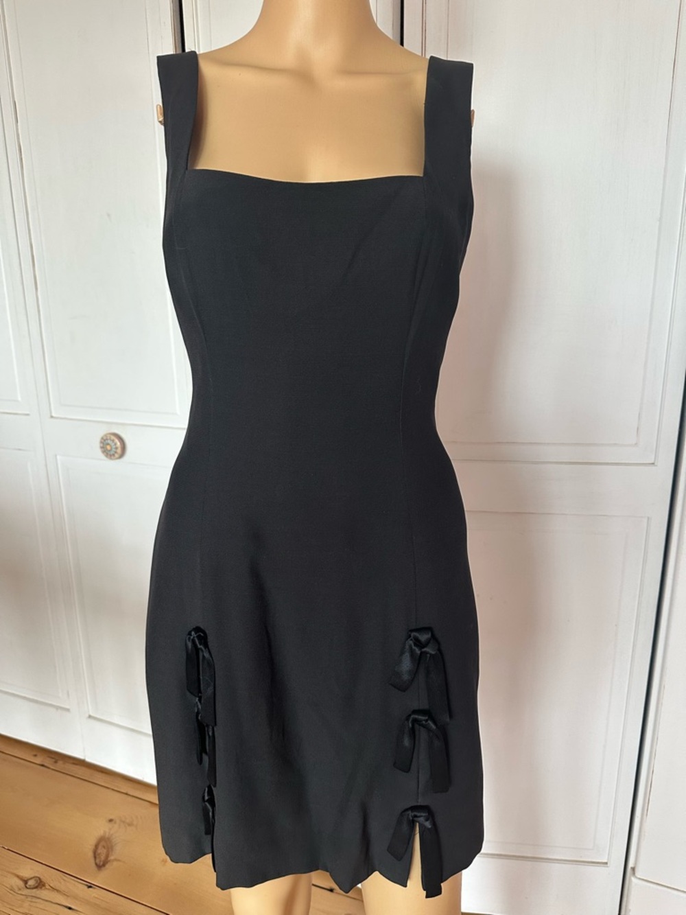 Nicole Miller Vintage Black Square-Neck Mini Dress with Ribbon Accents